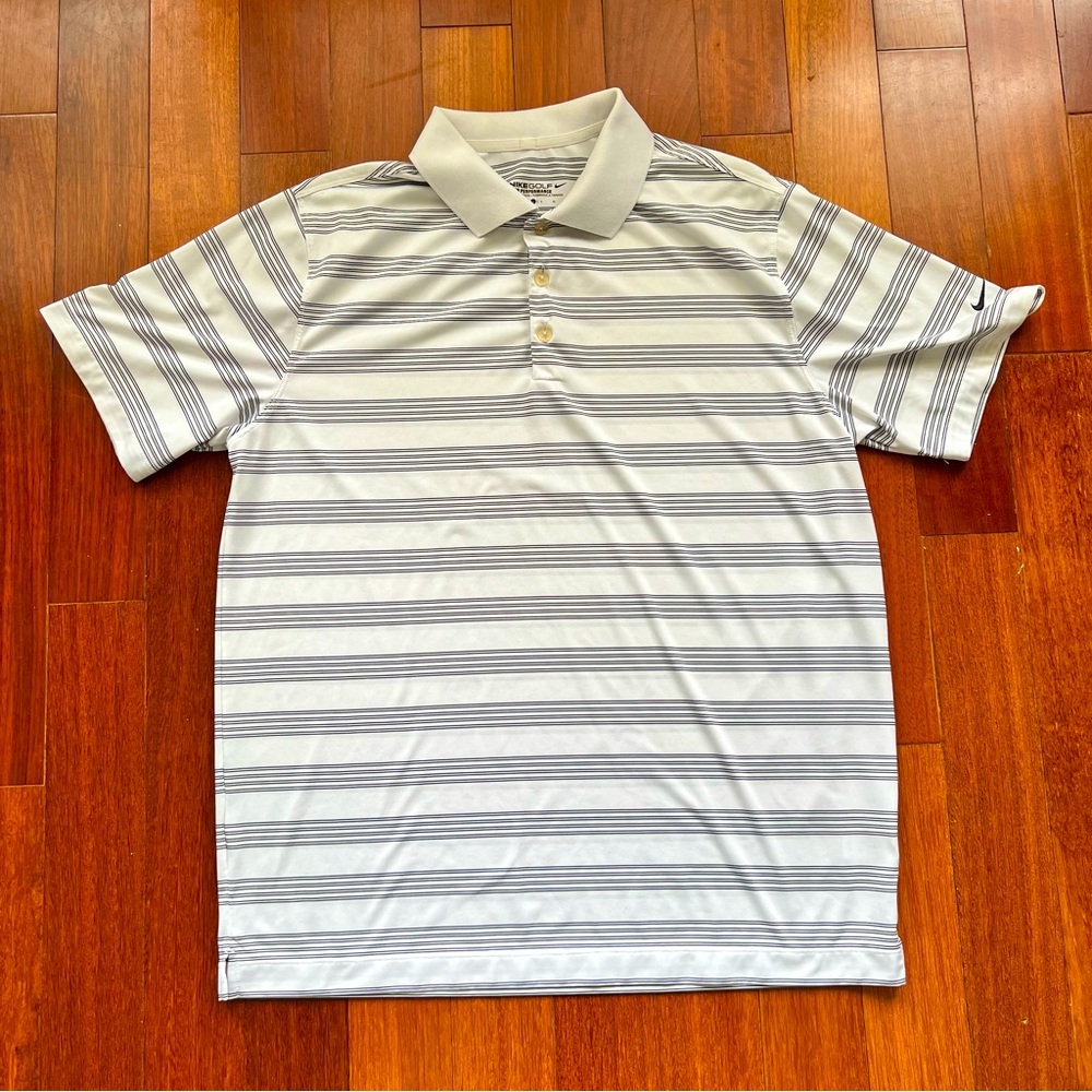 Nike Golf Dri-Fit Polo Shirt White Black Striped Mens Size L Tour Performance